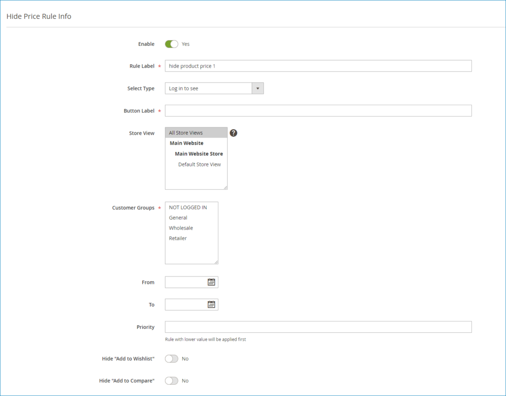 config hide price rule info