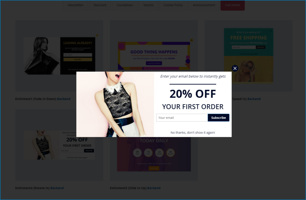 exit intent popup
