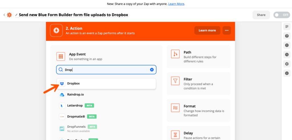 Select Dropbox as action app