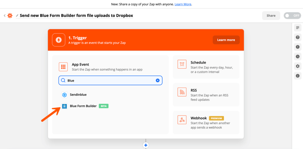Select Blue Form Builder as trigger app