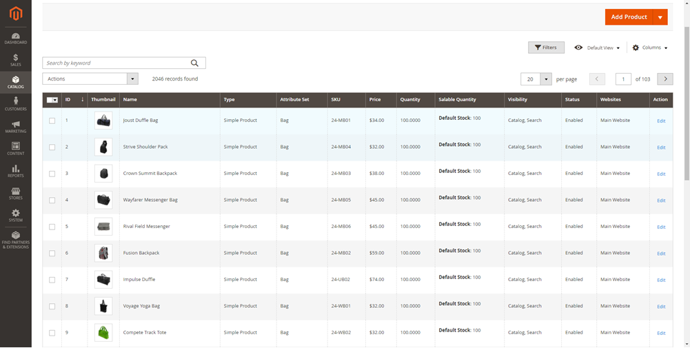 Products | Magento admin panel