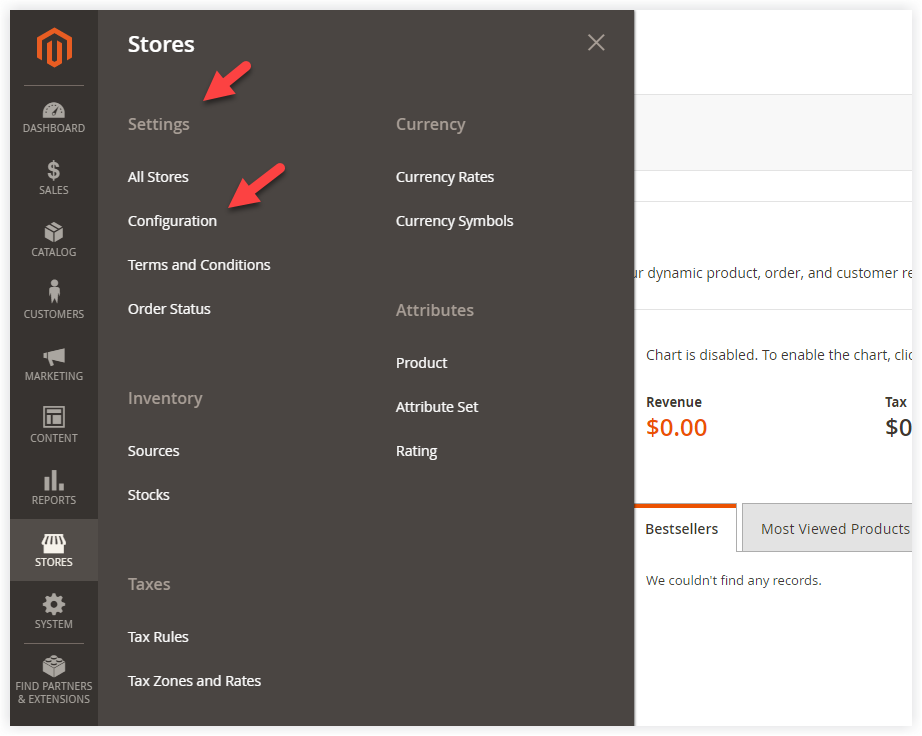 Stores >> Settings >> Configuration