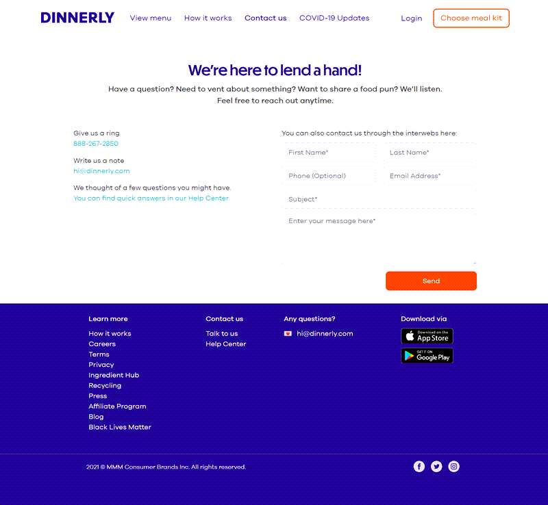 dinnerly simple contact us page
