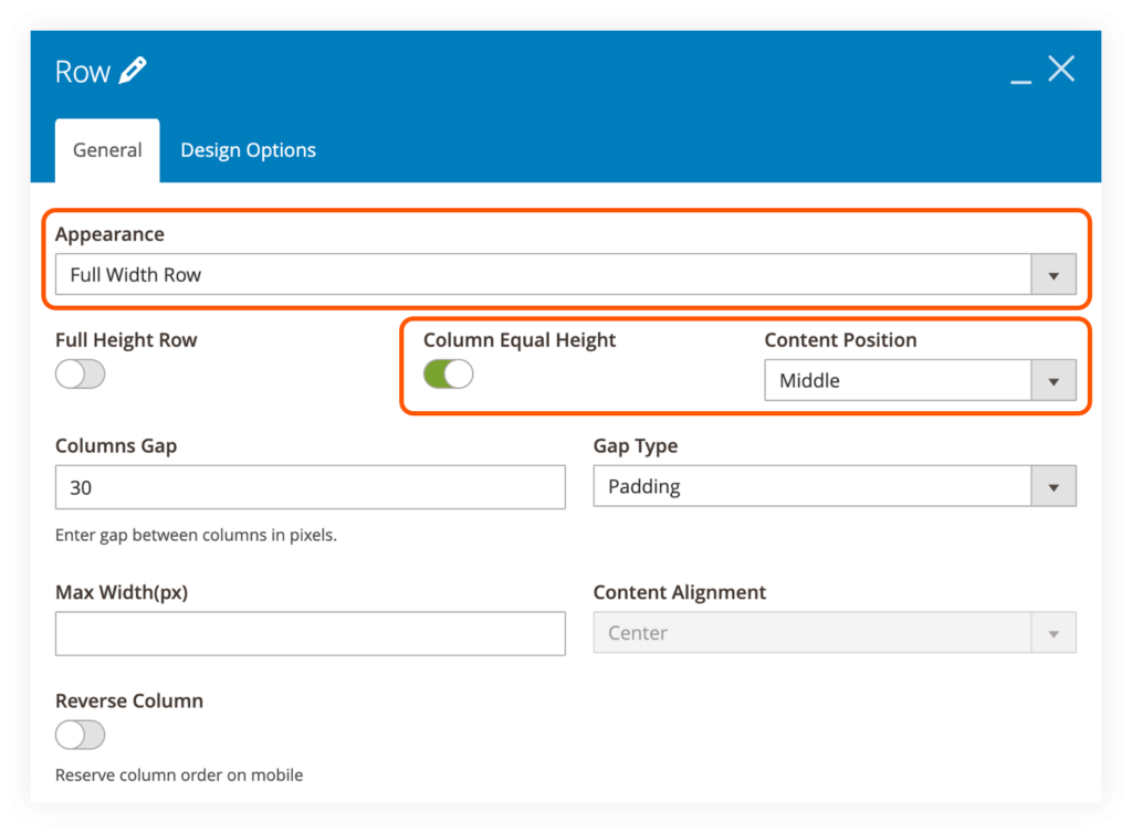 General tab in Row element settings in Magento 2 Login & Registration Page