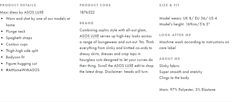 ASOS creative product description 