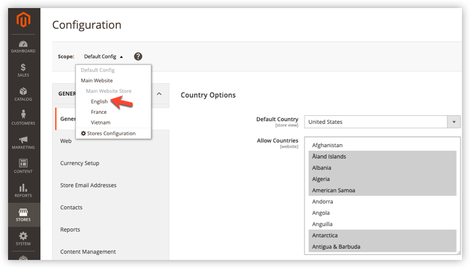 Choose the scope as the English store view | Magento 2 scope config