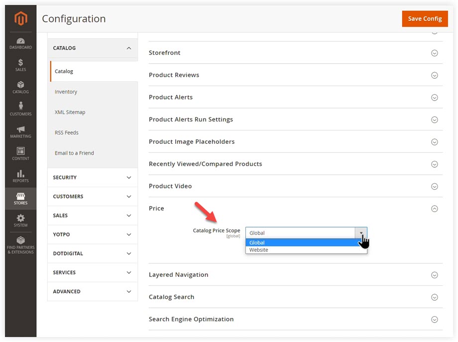 Set the Catalog Price Scope to either Global or Website