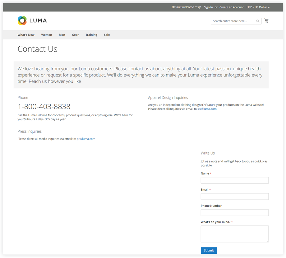 Default Magento 2 contact us page