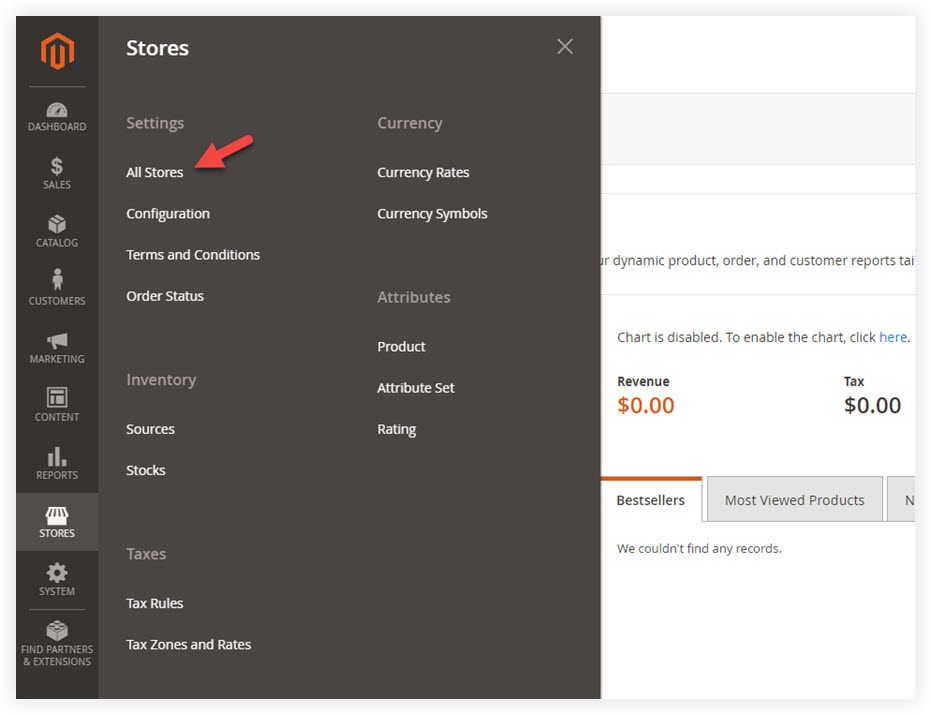 Navigate to Store >> Settings >> All Stores | How to create store views in Magento 2