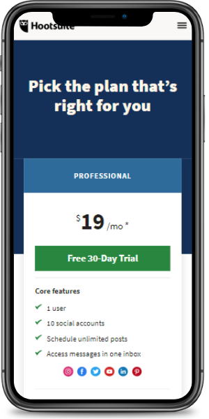 Pricing table of Hootsuite on mobile phone