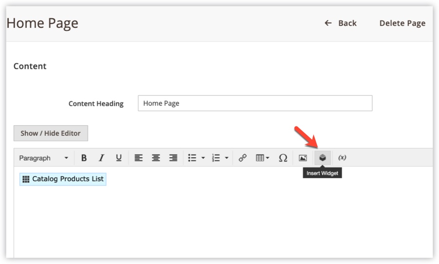 Click the insert widget icon | Magento display products on homepage