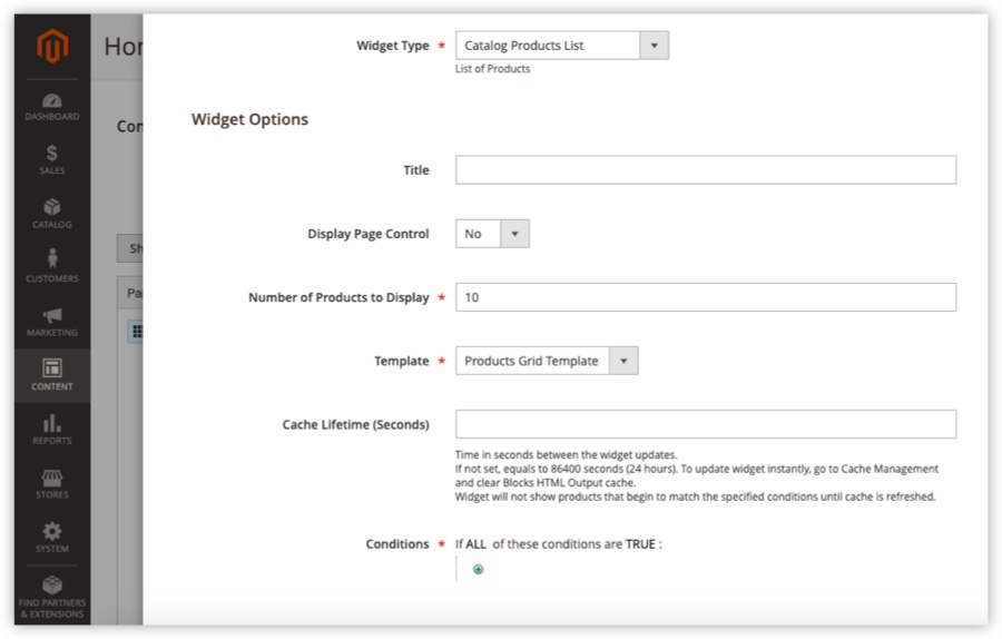 The widget options | Magento display products on homepage
