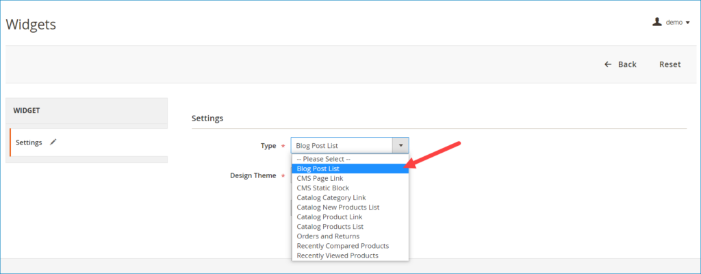 edit magento 2 widget settings