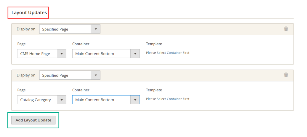 set magento 2 widget layout updates