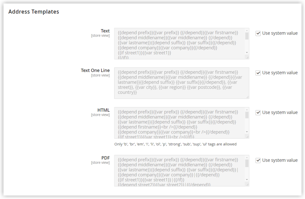 address templates in magento customer account configuration