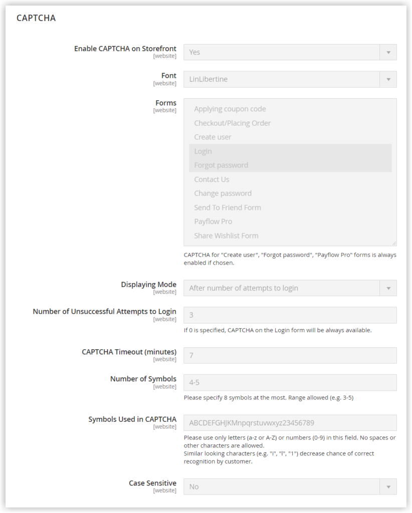 captcha in magento customer account configuration