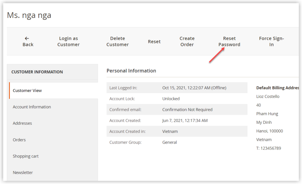 click on the reset password when creating a new magento 2 customer account