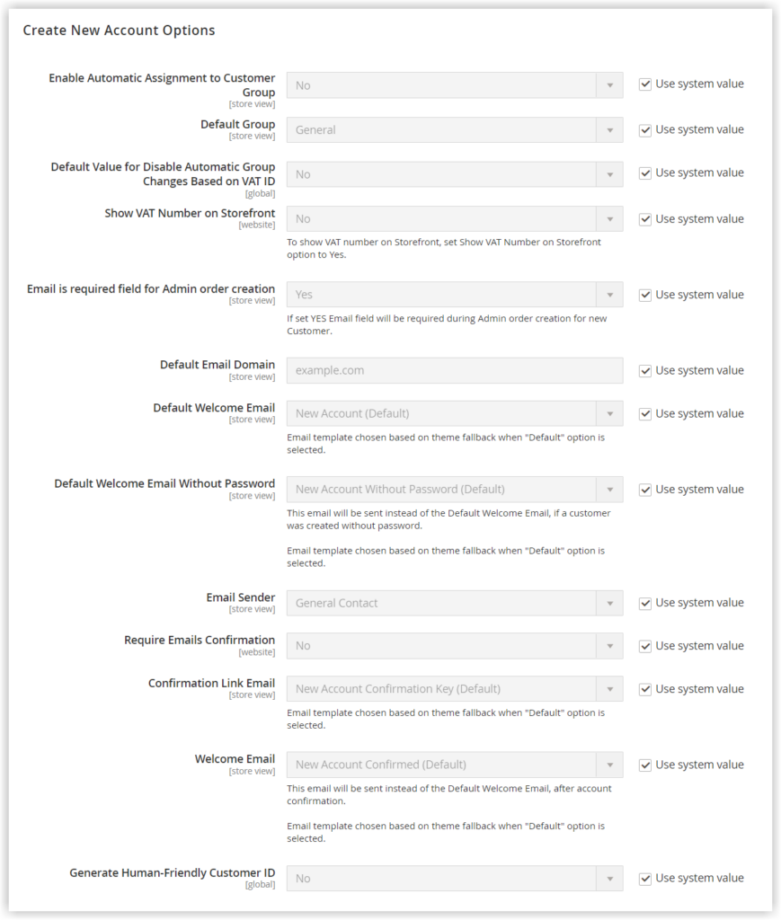 create new account options in magento customer account configuration
