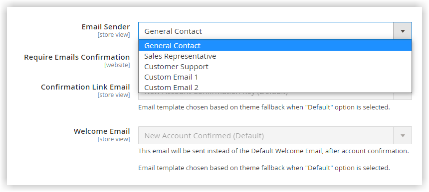 email sender in magento customer account configuration