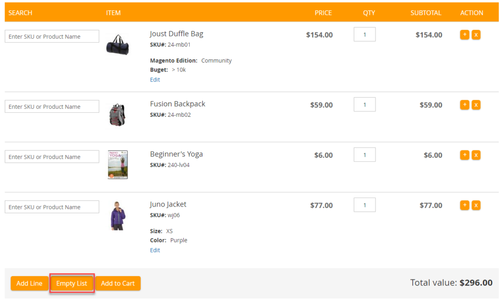 Quick Order for Magento 2 - empty list