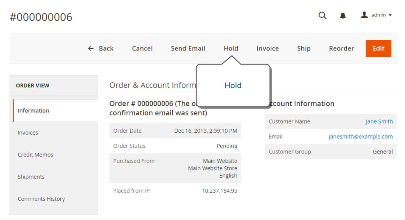 Magento 2 edit order - place on hold