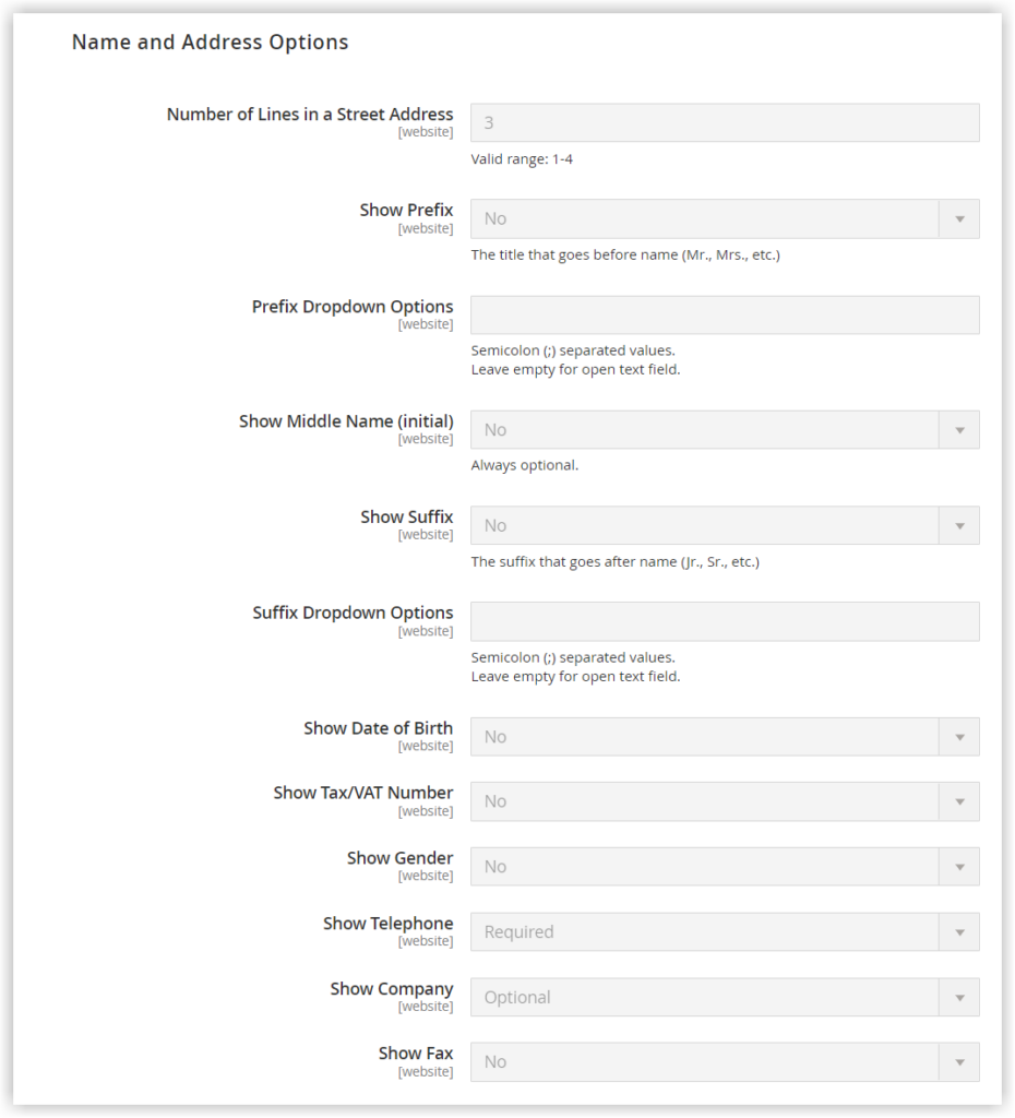 name and address options in magento customer account configuration