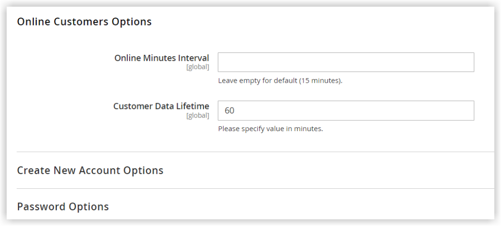 online customers options in magento customer account configuration