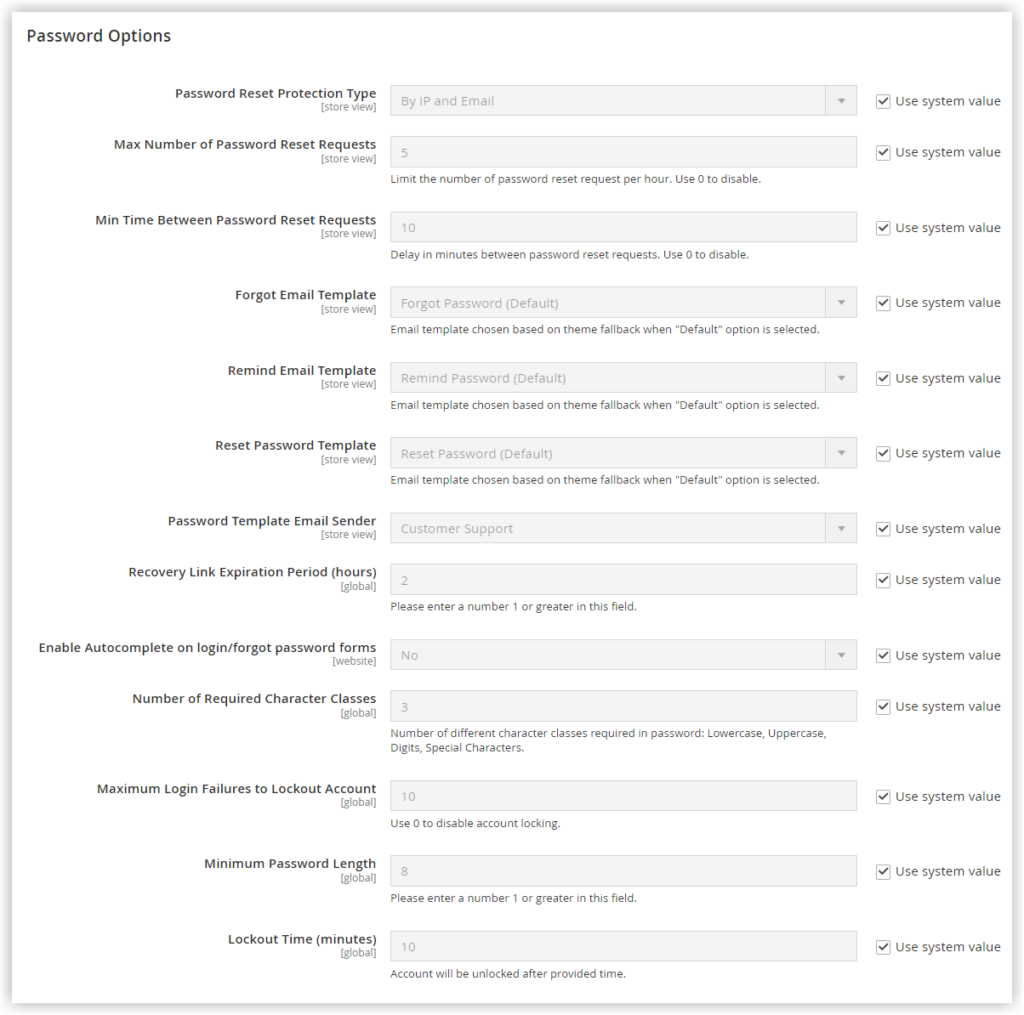 password options in magento customer account configurations