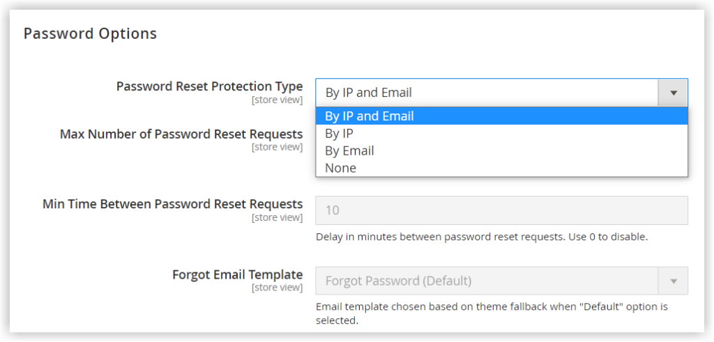 password reset protection in password options in magento customer configuration