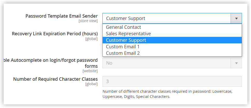 password template email sender in magento customer configuration