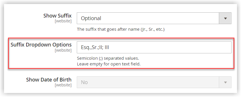 suffix dropdown options