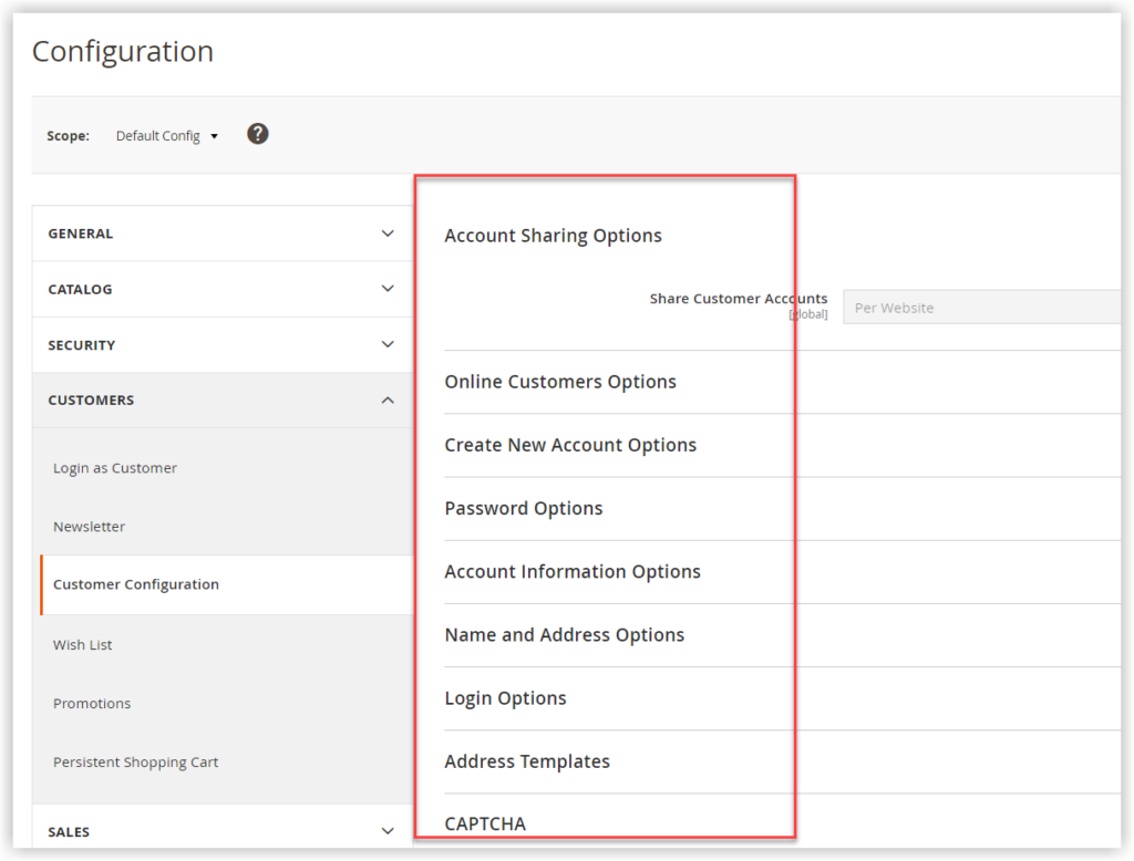 the sections in customer account configuration in magento 2