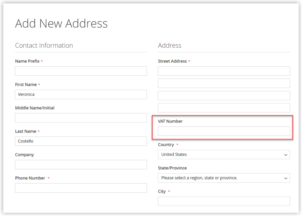 vat number on the frontend