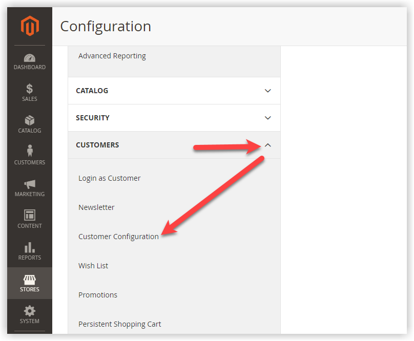 where to find customer account configuration in magento 2