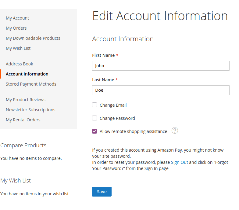magento 2 login as customer: edit account info