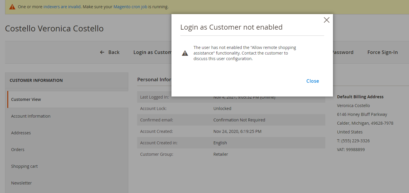 Magento 2 login as customer - error message
