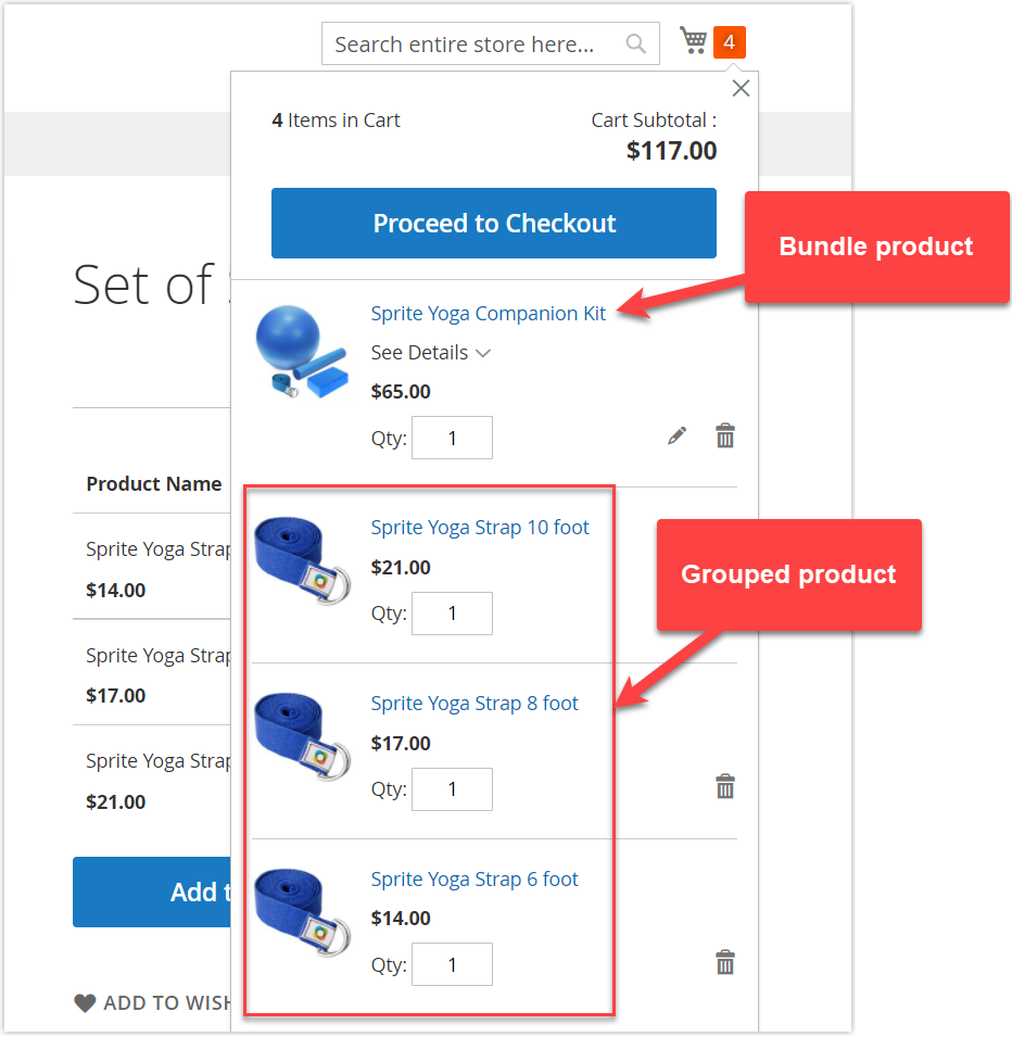 magento grouped product vs bundle product on the mini cart