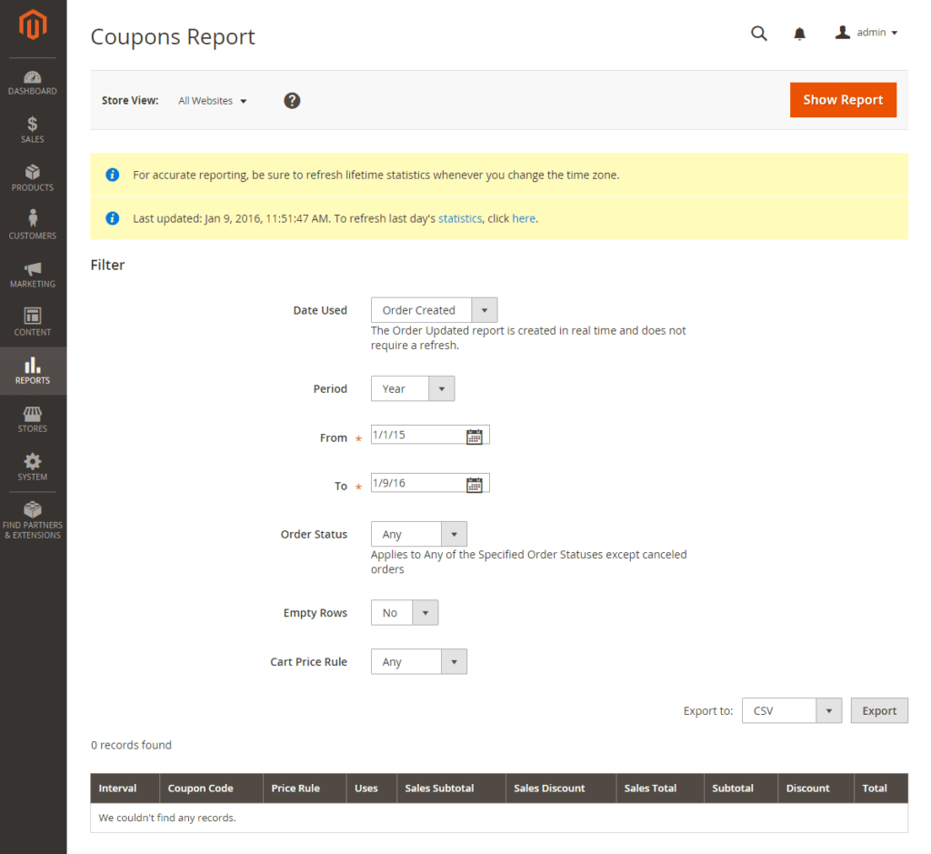 magento sales coupons reports