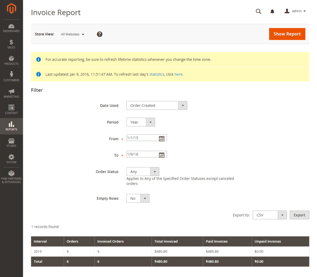 magento sales invoice reports