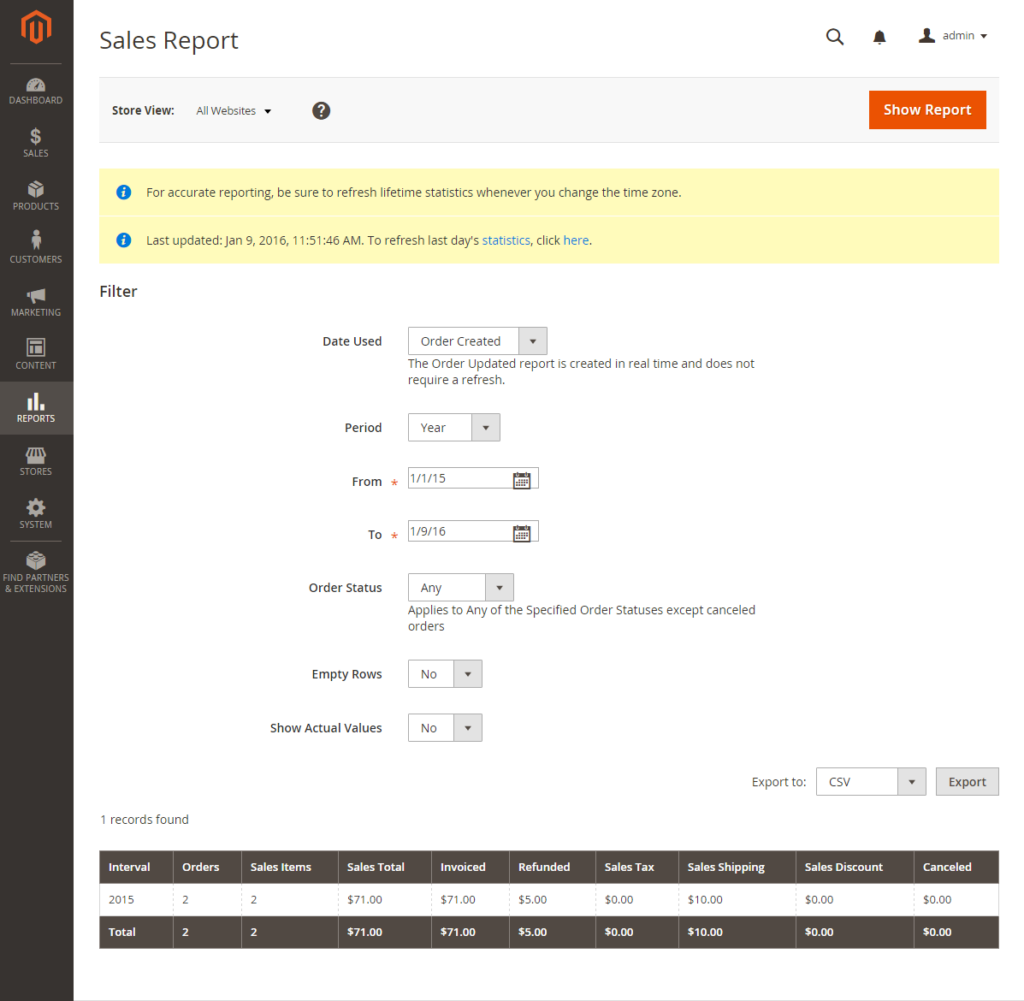 magento sales shipping reports