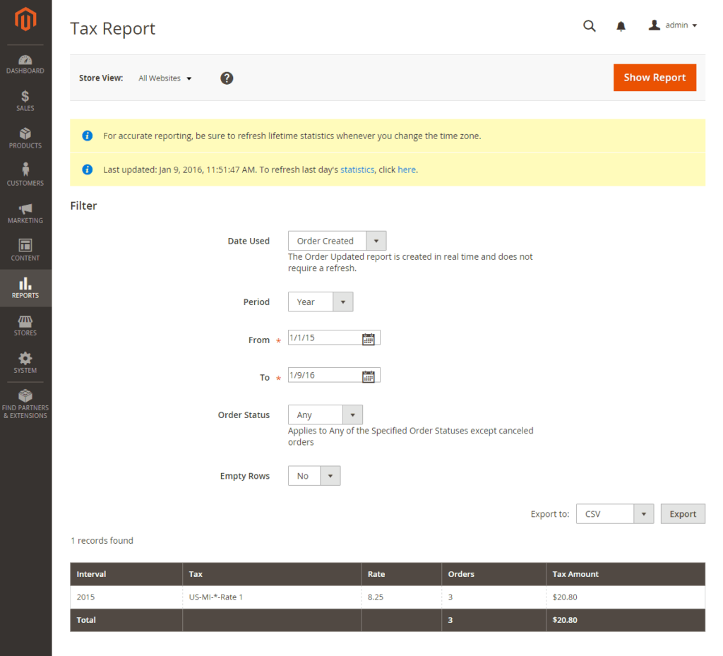 magento sales tax reports