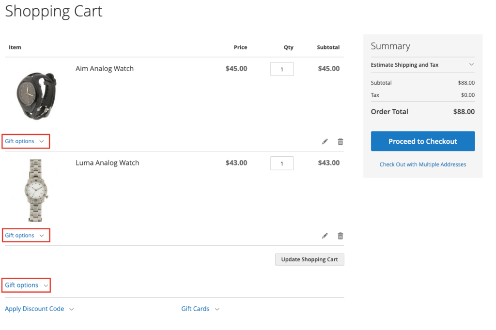 storefront Magento 2 gift options for products or order