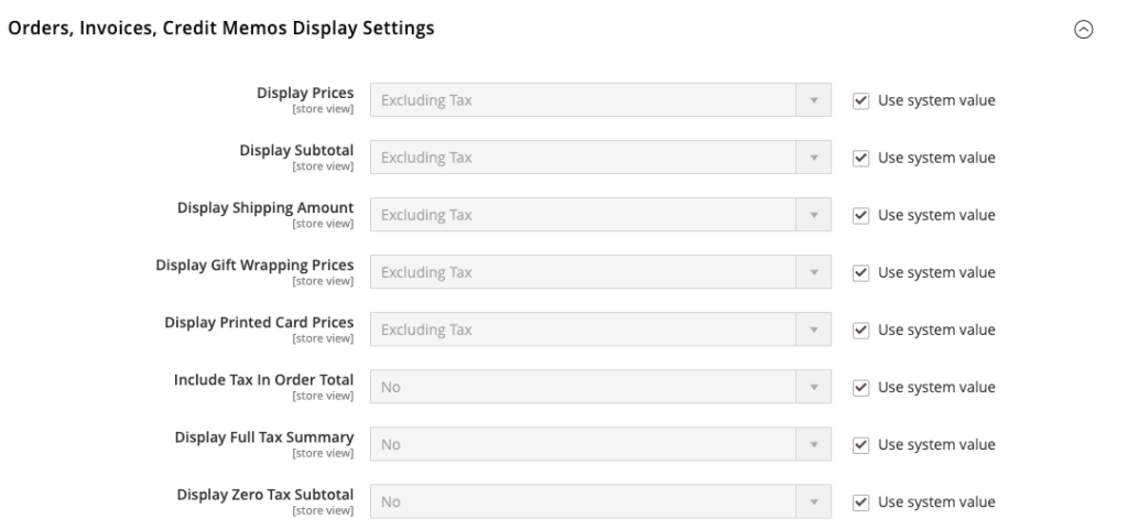 Tax Orders Invoices Credit Memos Display Settings 