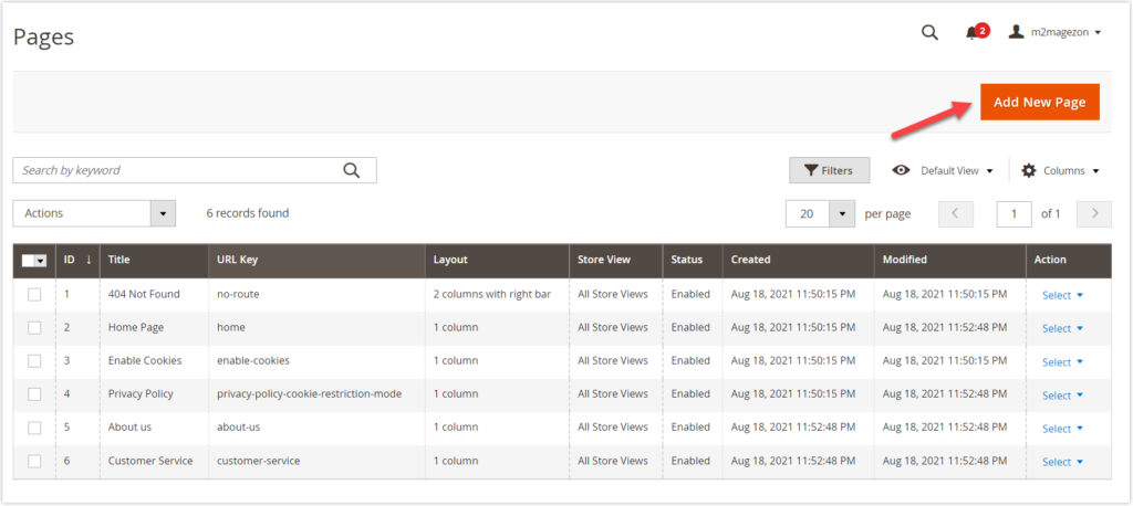 magento 2 landing page admin add new page