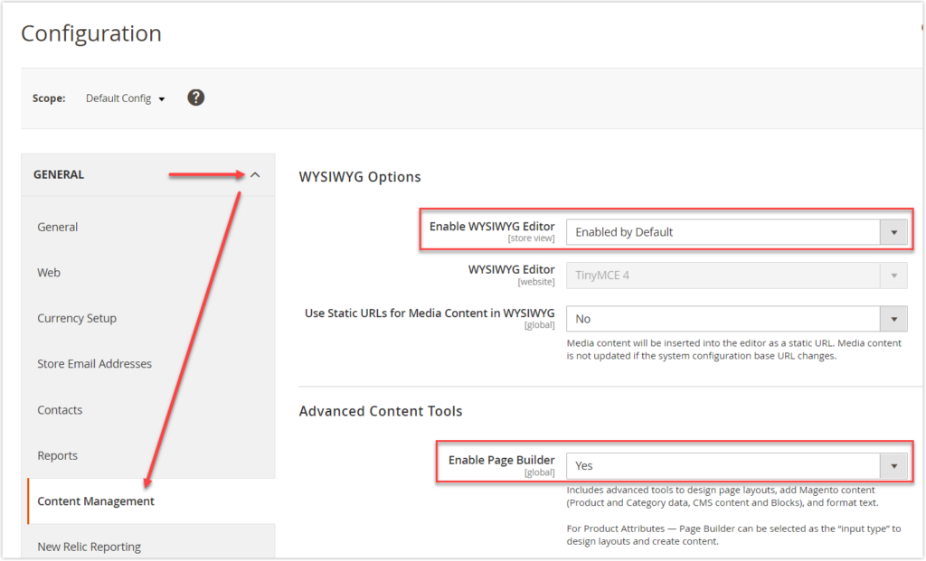 magento 2 page builder landing page configure management