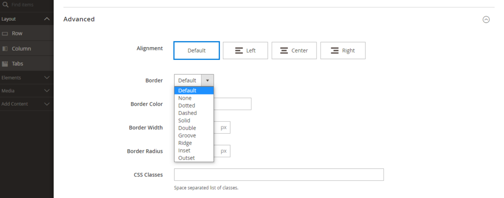 advanced options magento page builder column