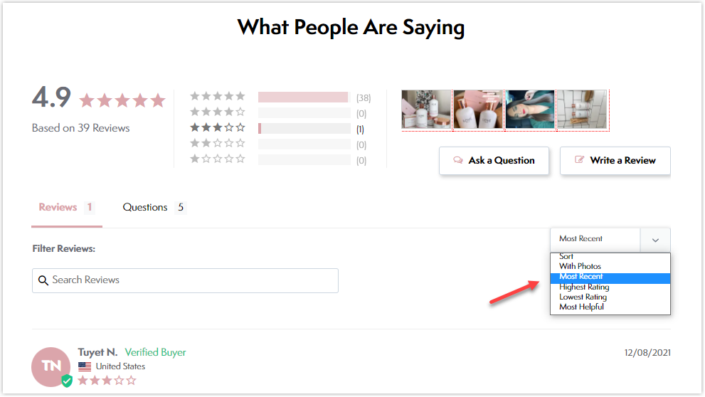 Product detail page customer filter by rating star