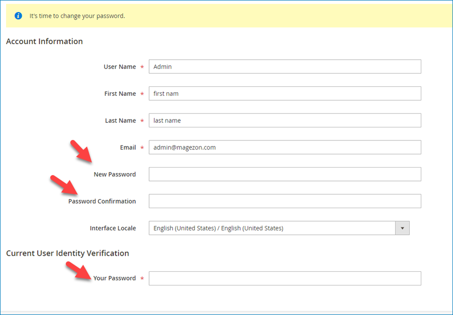 Enter new password, password confirmation and current password