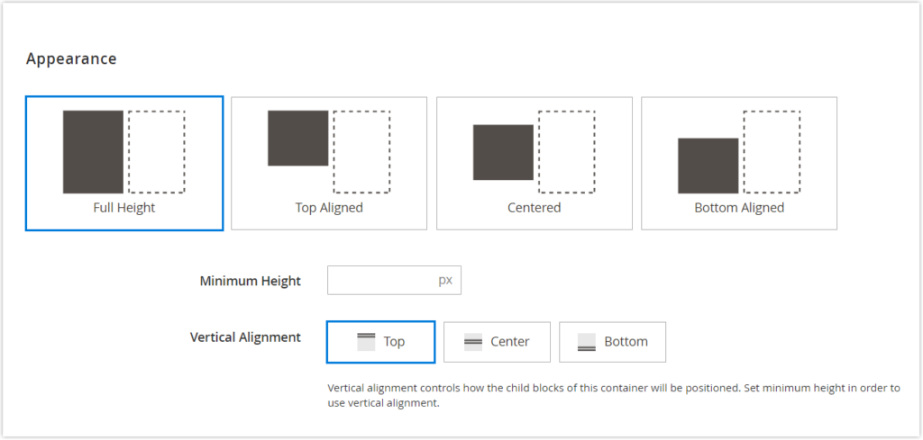 alignment settings in magento page builder column