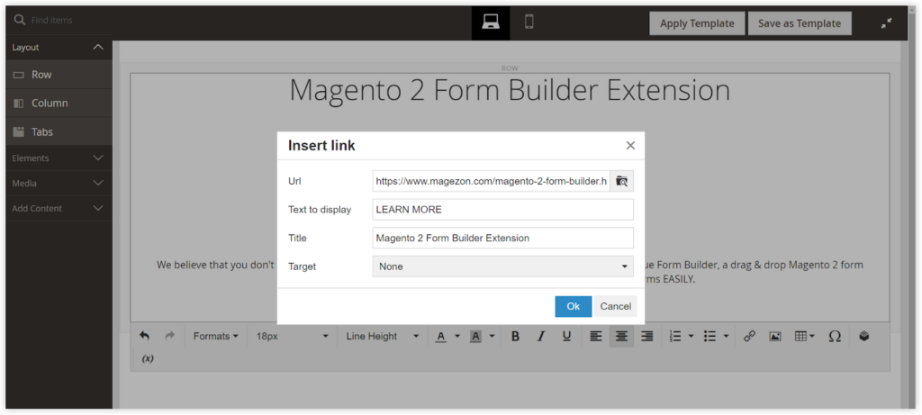attach link to text in magento page builder